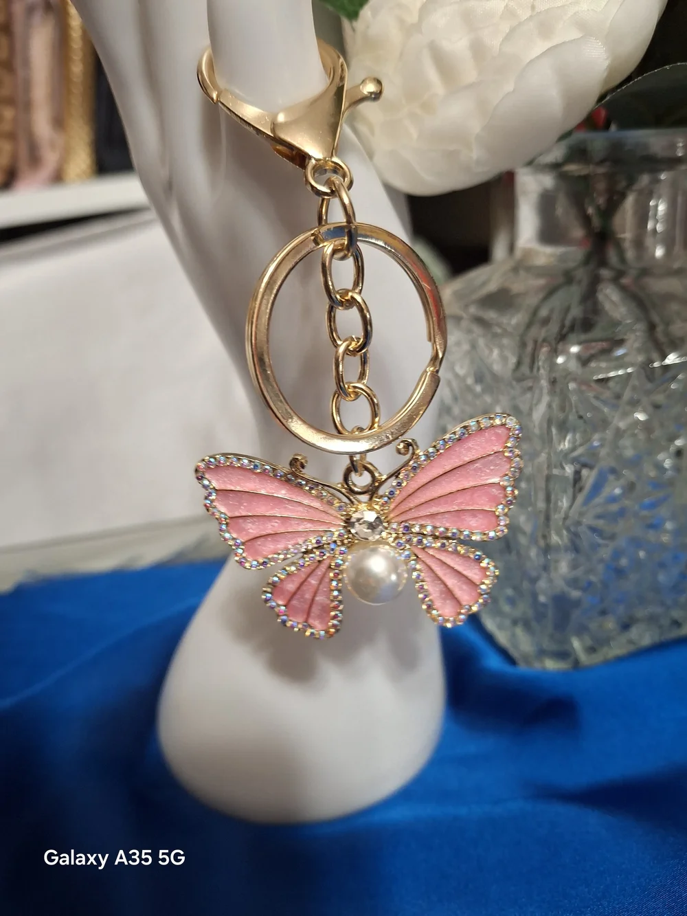 Gold Butterfly Keychain with Pink Enamel and Pearl Accent